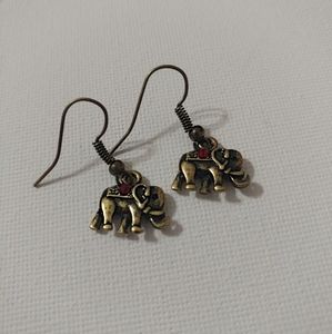 🆕 Antique Copper Ruby Red Stone Elephant Earrings